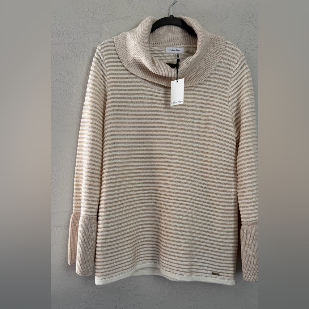 NWT Calvin Klein Women's Beige w/Gold Cowl/Turtleneck Sweater, Sz M